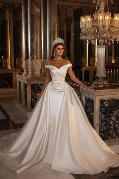 Sweetheart Backless Satin A-Line Off-The-Shoulder Bridal Gown with Ruffled Appliques