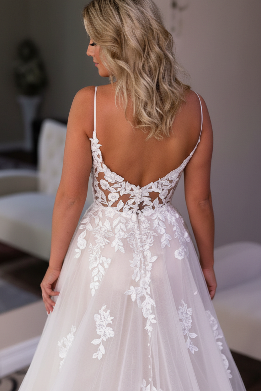 V Neck Backless Ivory Lace Wedding Dresses Tulle Aline Wedding Dress