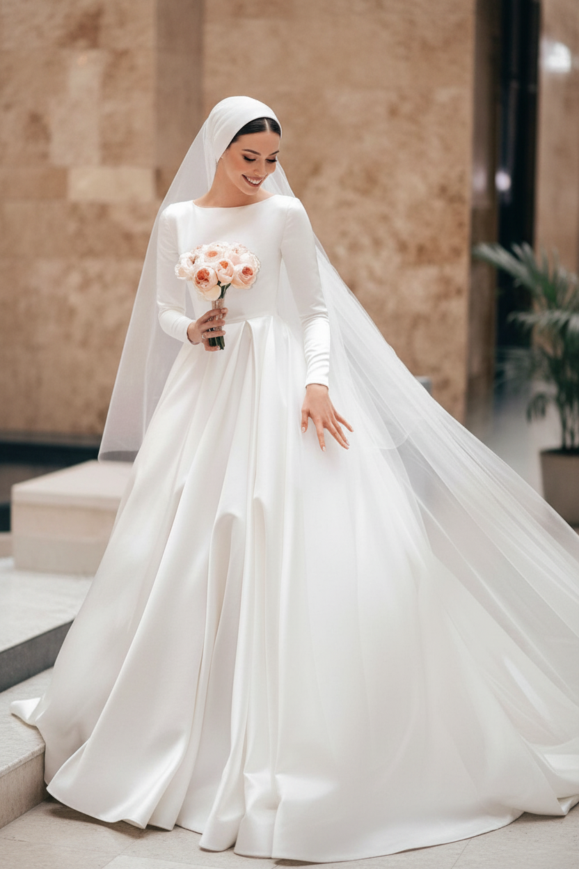 Long Sleeves Vintage Wedding Dress Jewel Neck Satin Chapel Train Pleated Bridal Dress