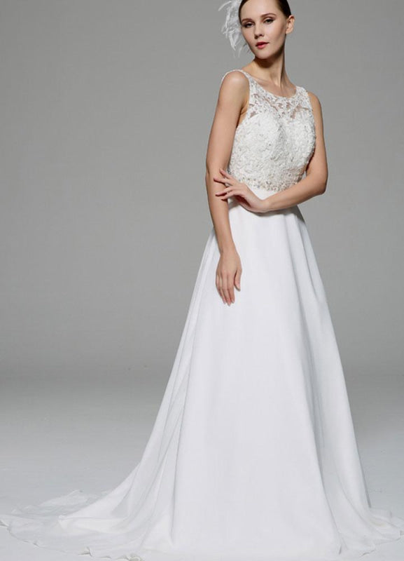 Ivory Wedding Dress Illusion Rhinestone Lace Satin Wedding Gown