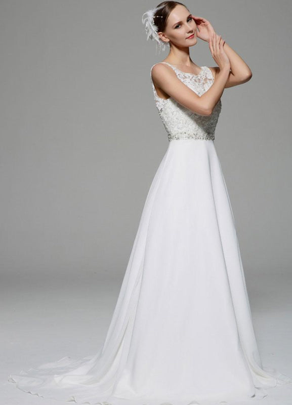 Ivory Wedding Dress Illusion Rhinestone Lace Satin Wedding Gown