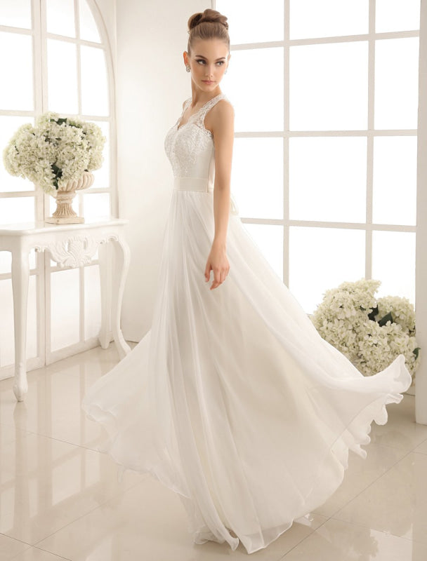 Ivory Wedding Dress Lace Sash Bow Sequins Wedding Gown