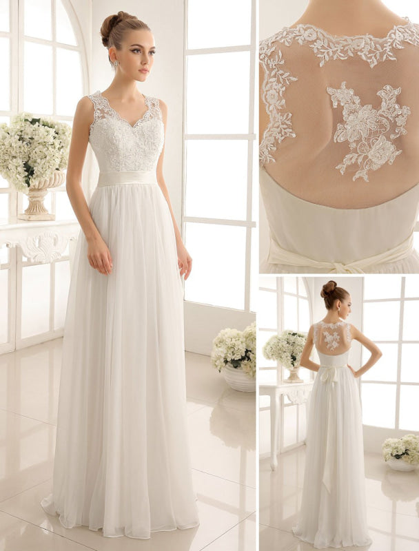 Ivory Wedding Dress Lace Sash Bow Sequins Wedding Gown