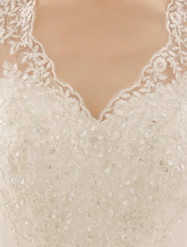 Ivory Wedding Dress Lace Sash Bow Sequins Wedding Gown