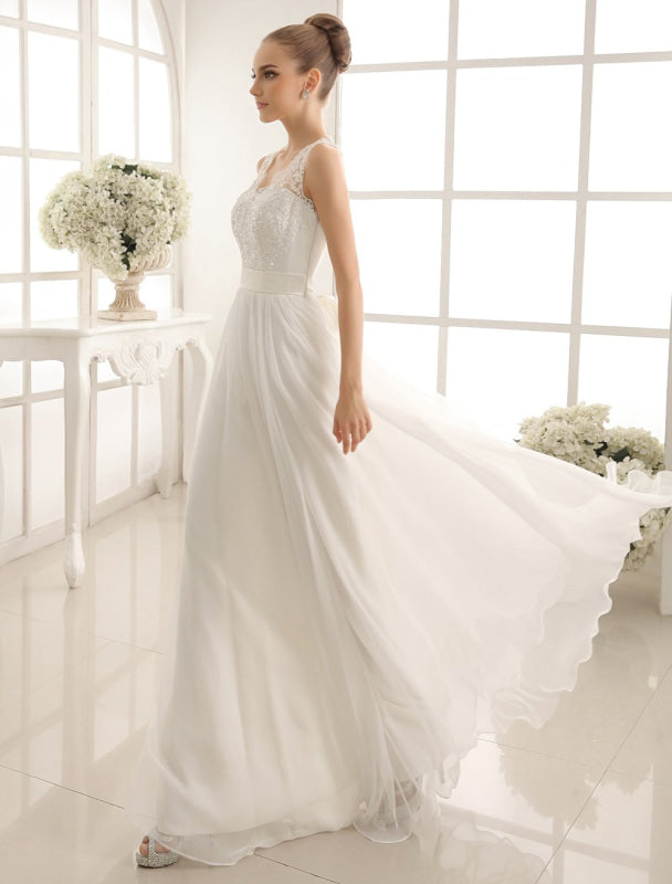 Ivory Wedding Dress Lace Sash Bow Sequins Wedding Gown