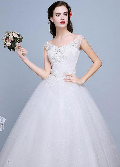 Ivory Wedding Dress Lace Sleeveless V Neck Rhinestones Beaded A-Line Floor Length Bridal Gown