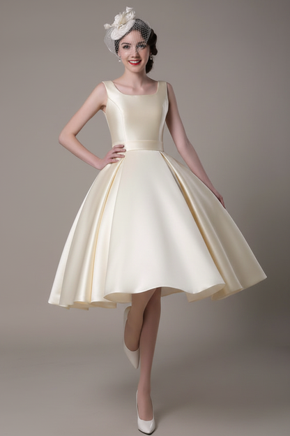 Vintage Knee Length Ivory Wedding Dress Scoop Neck Backless Satin Bridal Dress