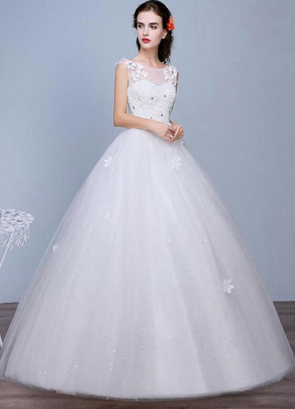 Ivory Wedding Dress Sleeveless Semi-Sheer Jewel Lace A-Line Floor Length Bridal Gown