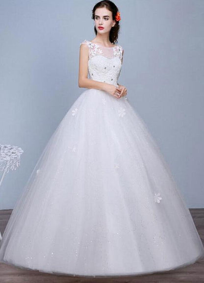 Ivory Wedding Dress Sleeveless Semi-Sheer Jewel Lace A-Line Floor Length Bridal Gown