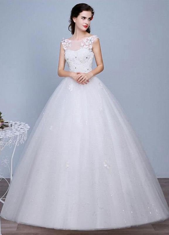 Ivory Wedding Dress Sleeveless Semi-Sheer Jewel Lace A-Line Floor Length Bridal Gown