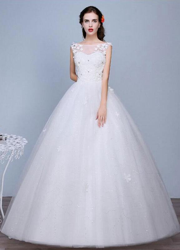 Ivory Wedding Dress Sleeveless Semi-Sheer Jewel Lace A-Line Floor Length Bridal Gown