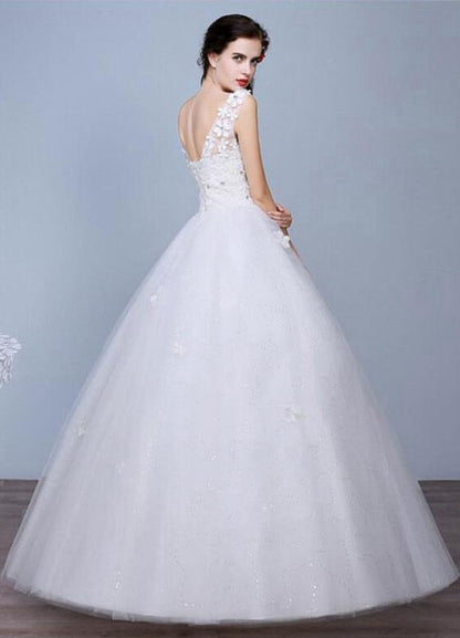 Ivory Wedding Dress Sleeveless Semi-Sheer Jewel Lace A-Line Floor Length Bridal Gown