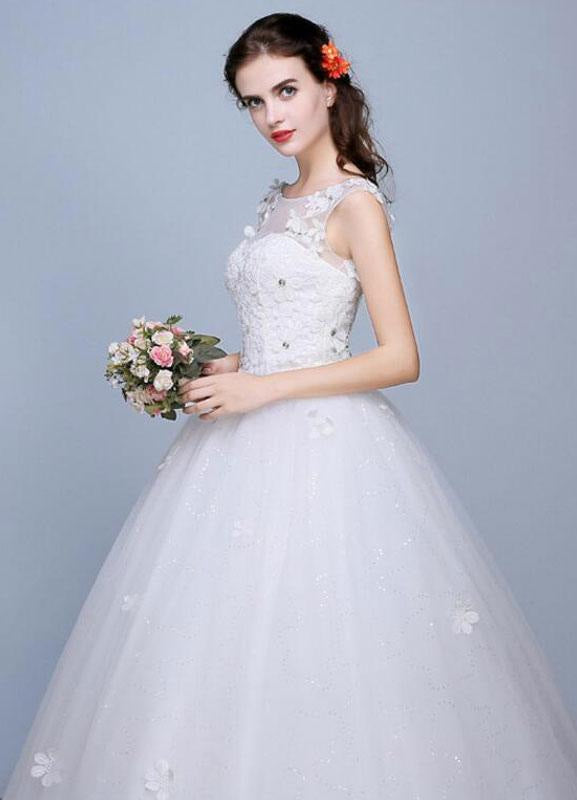 Ivory Wedding Dress Sleeveless Semi-Sheer Jewel Lace A-Line Floor Length Bridal Gown