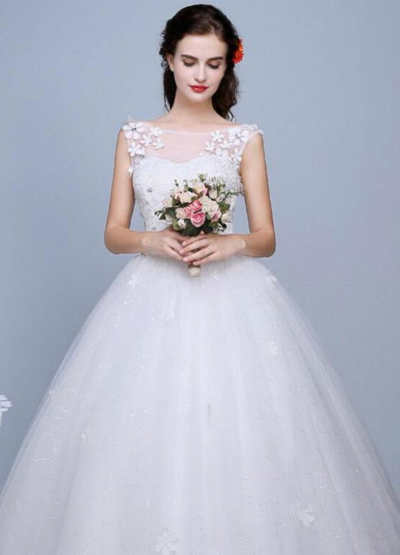 Ivory Wedding Dress Sleeveless Semi-Sheer Jewel Lace A-Line Floor Length Bridal Gown
