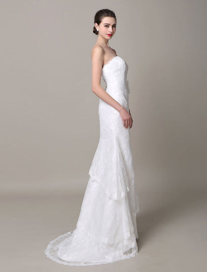 Ivory Wedding Dress Strapless Tiered Flowers Lace Wedding Gown