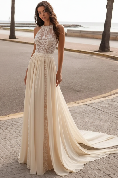 Ivory Wedding Dresses A Line With Court Train Sleeveless Applique Bridal Gowns