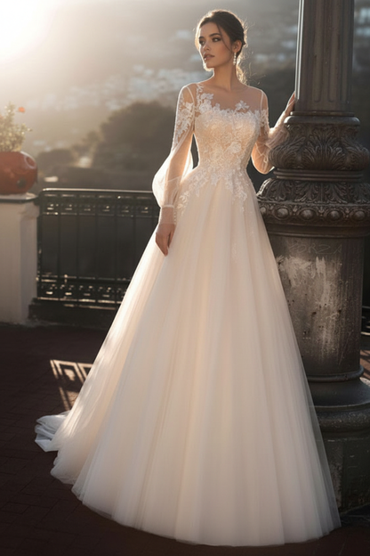Wedding Dresses A Line Illusion Neck Long Sleeve Floor Length Tulle Pleated Bridal Dress With Train