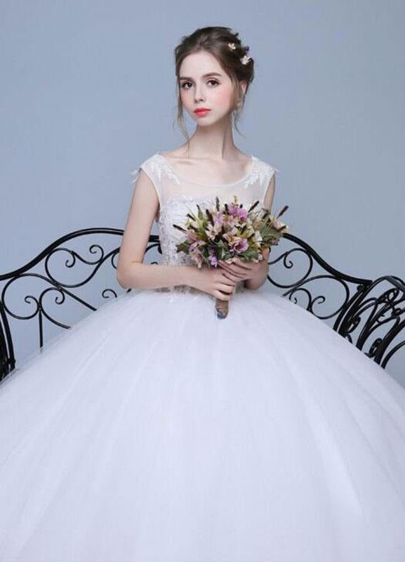 Ivory Wedding Dresses A-Line Lace Appliques Keyhole Floor Length Bridal Dresses