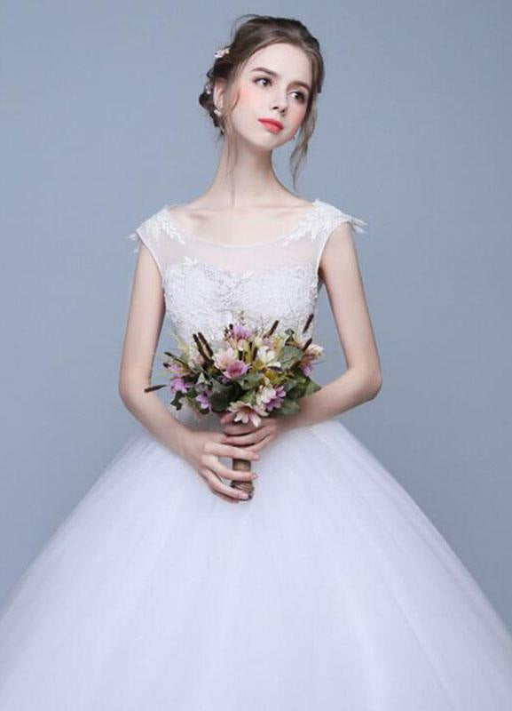 Ivory Wedding Dresses A-Line Lace Appliques Keyhole Floor Length Bridal Dresses