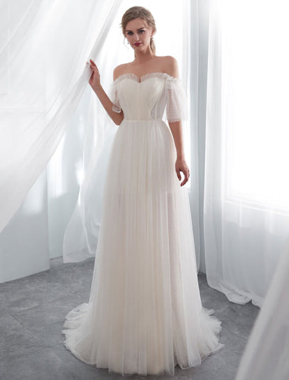 Ivory Wedding Dresses Off Shoulder Half Sleeve Tulle Beach Bridal Dress With Train