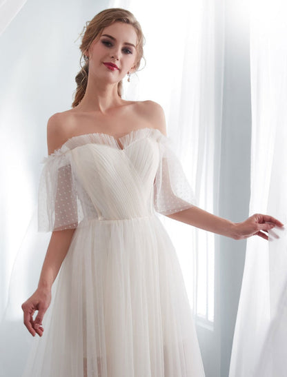 Ivory Wedding Dresses Off Shoulder Half Sleeve Tulle Beach Bridal Dress With Train