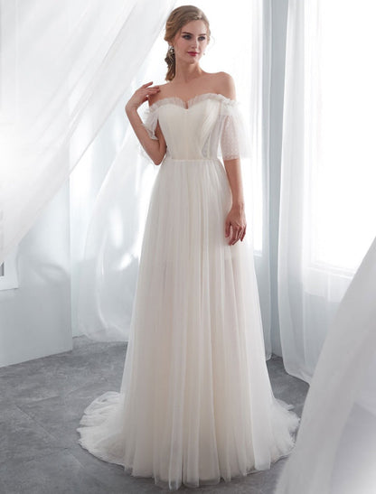 Ivory Wedding Dresses Off Shoulder Half Sleeve Tulle Beach Bridal Dress With Train