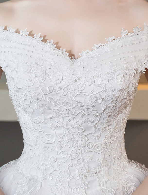 Ivory Wedding Dresses Off The Shoulder Lace Beading Cathedral Train Bridal Dress