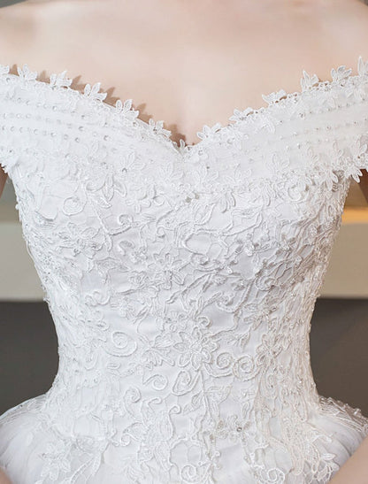 Ivory Wedding Dresses Off The Shoulder Lace Beading Cathedral Train Bridal Dress