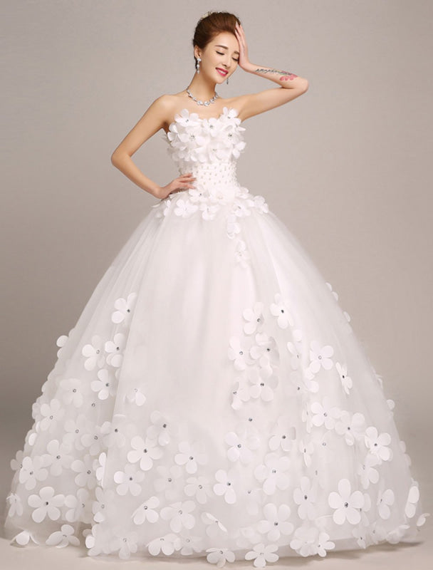 Ivory Wedding Dresses Princess Ball Gowns Bridal Dress 3D Flowers Strapless Beaded Women Pageant Dresses
