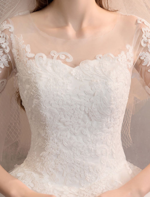 Ivory Wedding Dresses Tulle Illusion Half Sleeve Floor Length Princess Bridal Gown