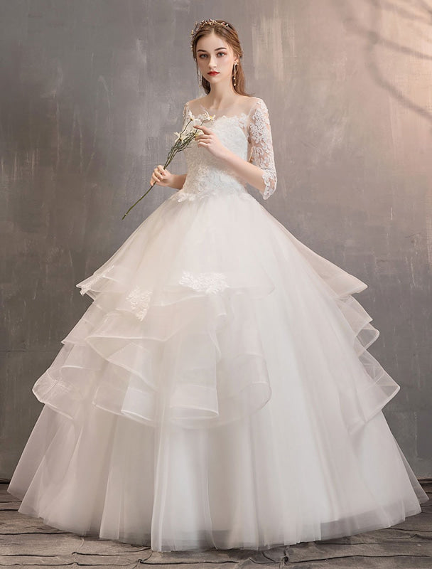 Ivory Wedding Dresses Tulle Illusion Half Sleeve Floor Length Princess Bridal Gown