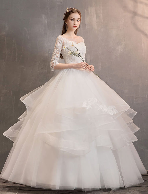 Ivory Wedding Dresses Tulle Illusion Half Sleeve Floor Length Princess Bridal Gown