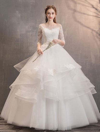 Ivory Wedding Dresses Tulle Illusion Half Sleeve Floor Length Princess Bridal Gown