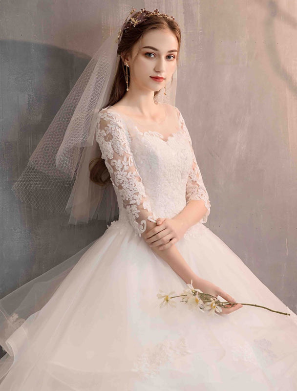 Ivory Wedding Dresses Tulle Illusion Half Sleeve Floor Length Princess Bridal Gown