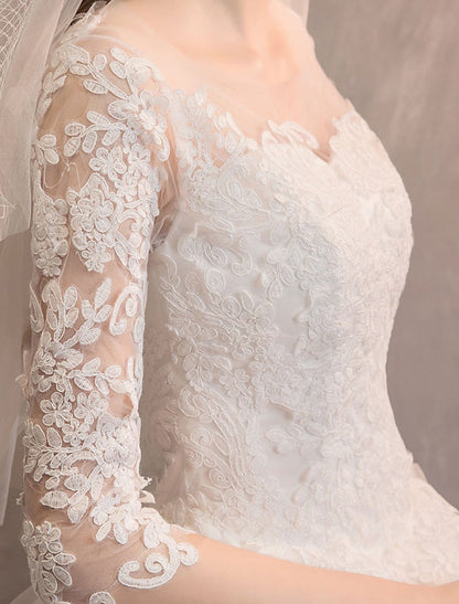 Ivory Wedding Dresses Tulle Illusion Half Sleeve Floor Length Princess Bridal Gown