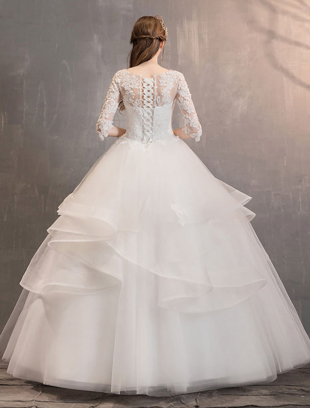 Ivory Wedding Dresses Tulle Illusion Half Sleeve Floor Length Princess Bridal Gown