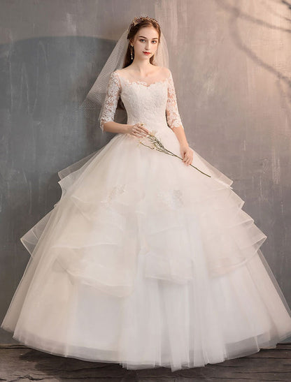 Ivory Wedding Dresses Tulle Illusion Half Sleeve Floor Length Princess Bridal Gown