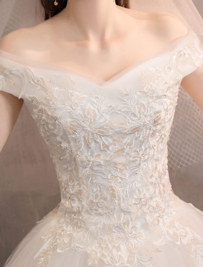 Off The Shoulder Ivory Wedding Dress | Tulle Lace Applique Princess Bridal Gown