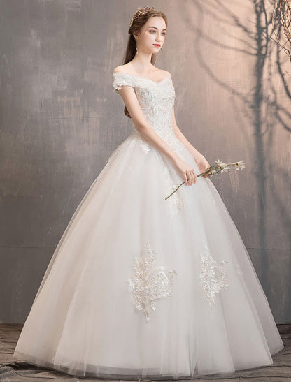 Off The Shoulder Ivory Wedding Dress | Tulle Lace Applique Princess Bridal Gown