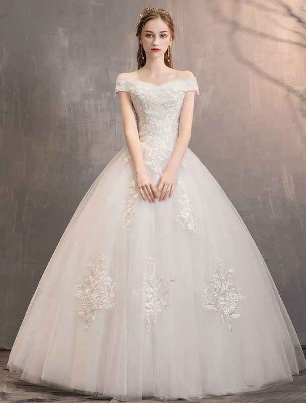Off The Shoulder Ivory Wedding Dress | Tulle Lace Applique Princess Bridal Gown
