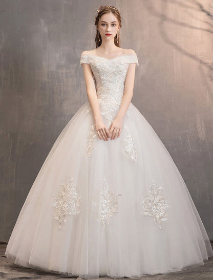 Off The Shoulder Ivory Wedding Dress | Tulle Lace Applique Princess Bridal Gown