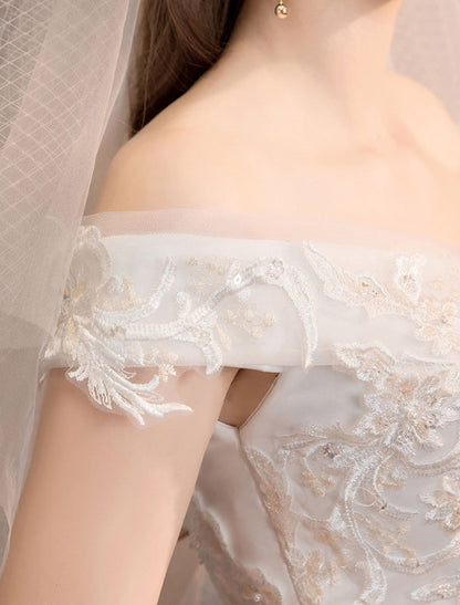 Off The Shoulder Ivory Wedding Dress | Tulle Lace Applique Princess Bridal Gown