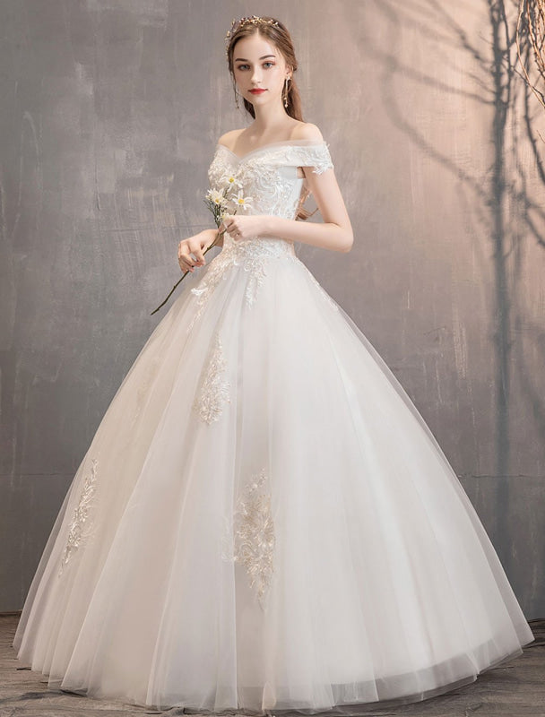 Off The Shoulder Ivory Wedding Dress | Tulle Lace Applique Princess Bridal Gown