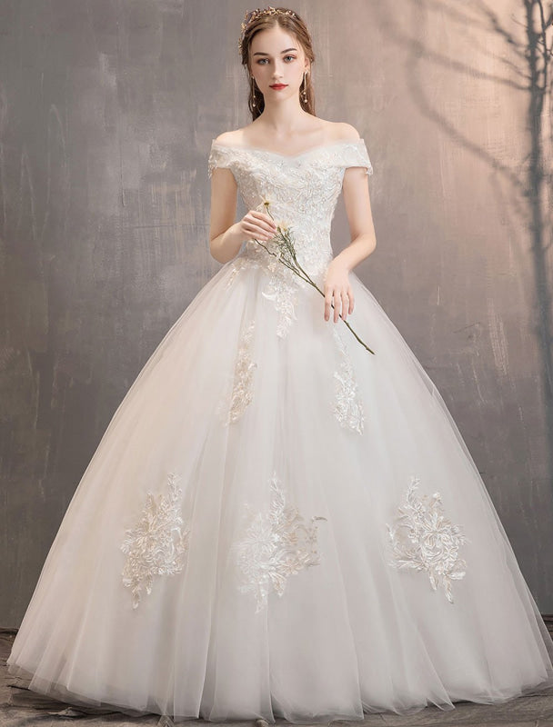 Off The Shoulder Ivory Wedding Dress | Tulle Lace Applique Princess Bridal Gown
