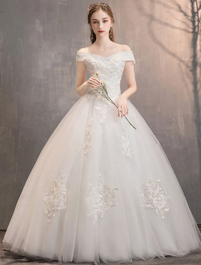 Off The Shoulder Ivory Wedding Dress | Tulle Lace Applique Princess Bridal Gown