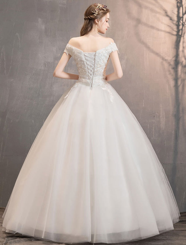 Off The Shoulder Ivory Wedding Dress | Tulle Lace Applique Princess Bridal Gown