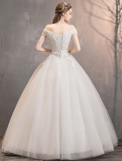 Off The Shoulder Ivory Wedding Dress | Tulle Lace Applique Princess Bridal Gown