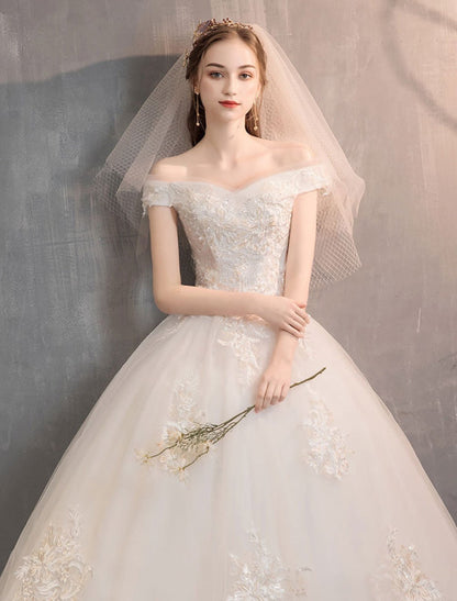 Off The Shoulder Ivory Wedding Dress | Tulle Lace Applique Princess Bridal Gown