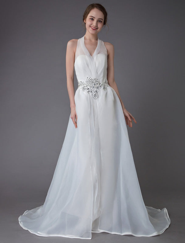 Ivory Wedding Jumpsuits Halter V Neck Rhinestones Backless Bridal Dress