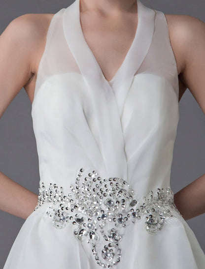 Ivory Wedding Jumpsuits Halter V Neck Rhinestones Backless Bridal Dress